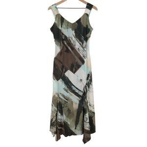 ADAM JACOBS Silk Cotton Handkerchief Hem Midi Dress Sz S Abstract Brushstroke
